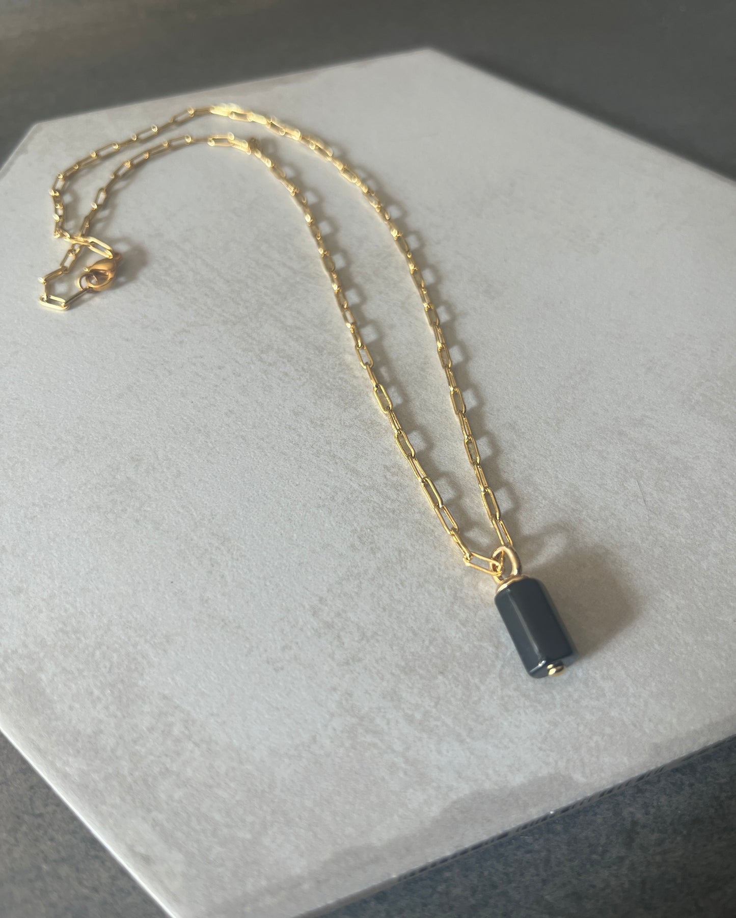 Black Onyx Charm on Dainty 14k Gold Filled Paperclip Chain