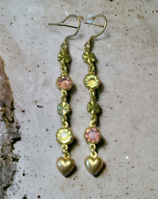 Handmade Vintage Colored Crystal + Brass Dangle Earrings - Rose + Jonquil