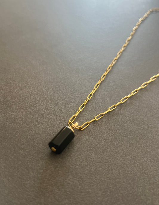 Black Onyx Charm on Dainty 14k Gold Filled Paperclip Chain