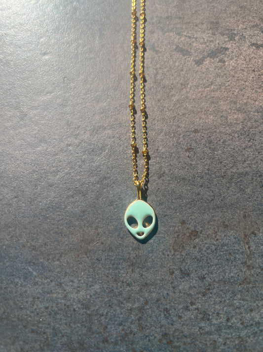 Mint Green Ceramic Alien Head Pendant on Gold Satellite Chain