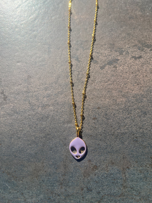 Lavender Alien Head Pendant on Gold Satellite Chain.