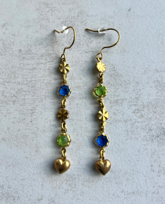 Gorgeous Vintage Colored Crystal + Brass Dangle Earrings - Green + Blue