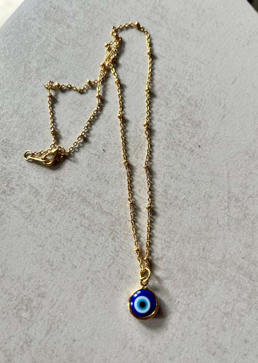 Dainty Gold Evil Eye Charm Necklace - Deep Blue