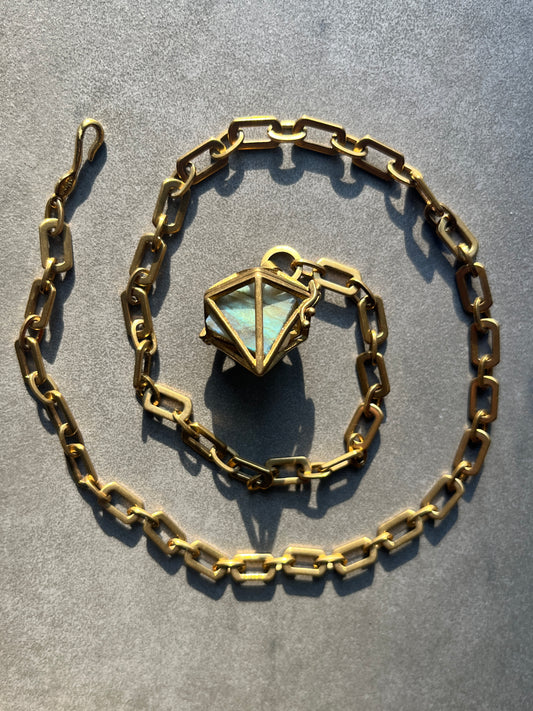 Gorgeous Raw Labradorite Caged Necklace on Vintage Brass Chain
