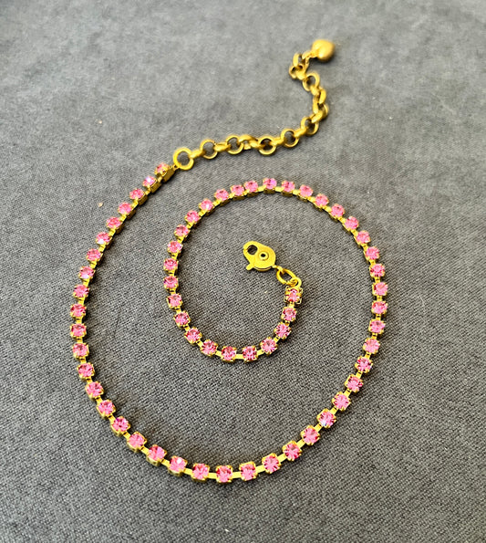 Bright Pink  ~ Preciosa Czech Tiny Crystal Tennis Necklace {Classic Choker Style}