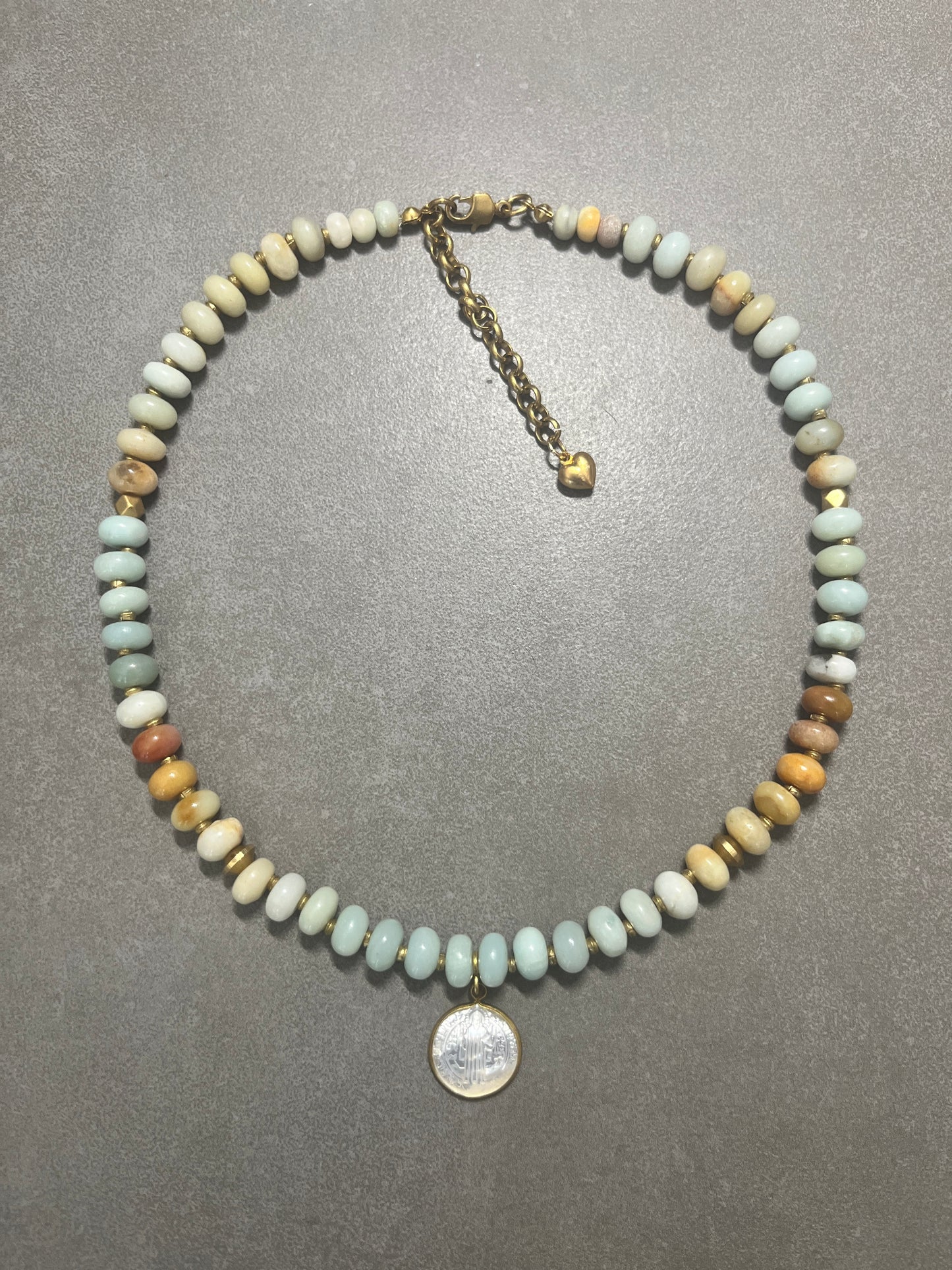 Beautiful Beaded Amazonite Necklace + Mother of Pearl Saint Benedict Coin Pendant