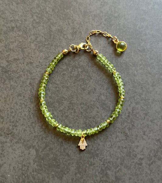 Gorgeous Green Peridot Gemstone Beaded Bracelet w/ Hamsa Charm