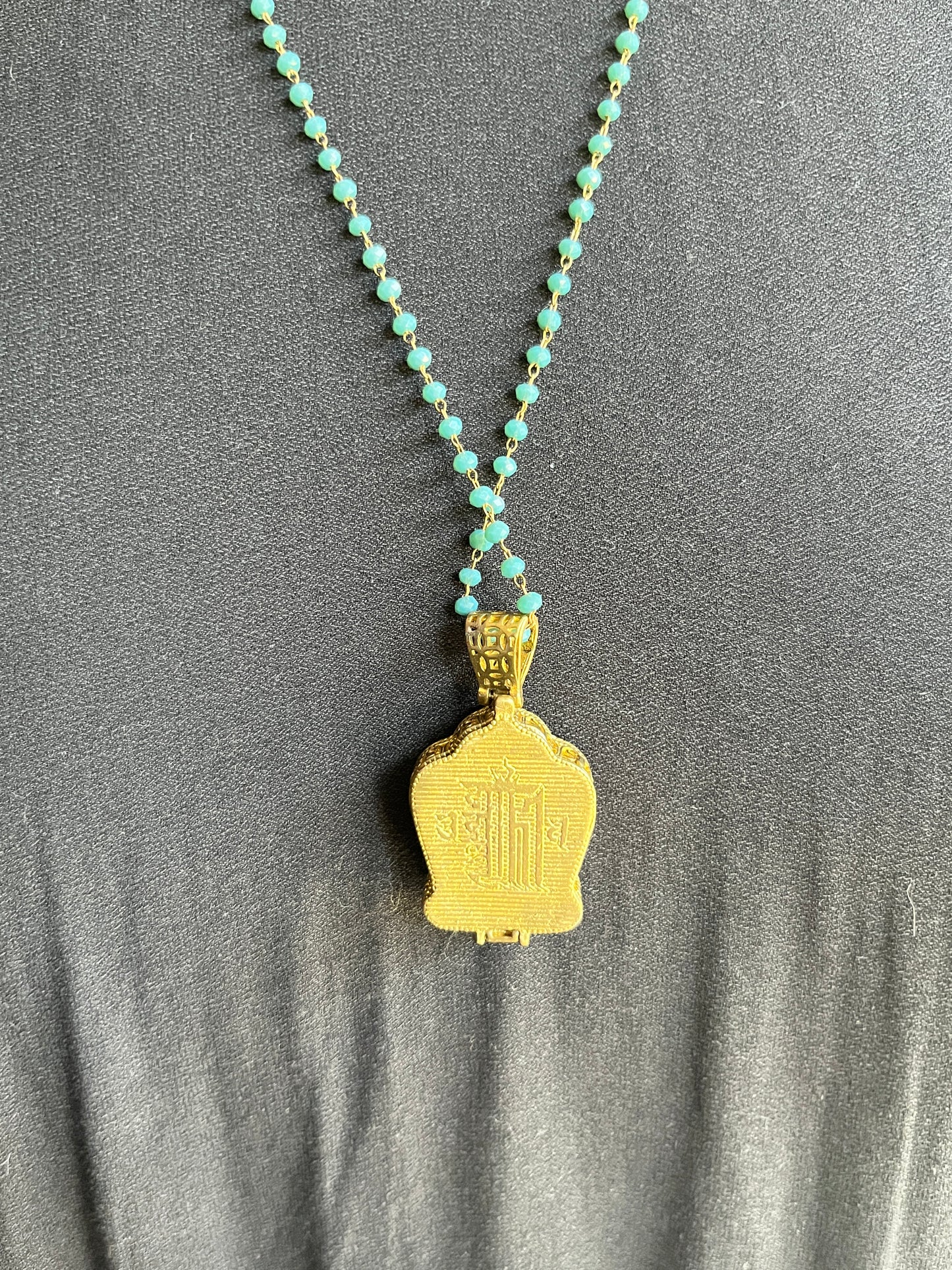 *Sale Price* Solid Brass Tibetan Locket Pendant Necklace on Crystal Glass Rosary Chain - Blue Jean Green ~ Choose Your Gemstone