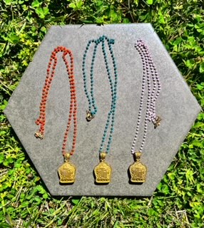 *Sale Price* Solid Brass Tibetan Locket Pendant Necklace on Crystal Glass Rosary Chain - Blue Jean Green ~ Choose Your Gemstone