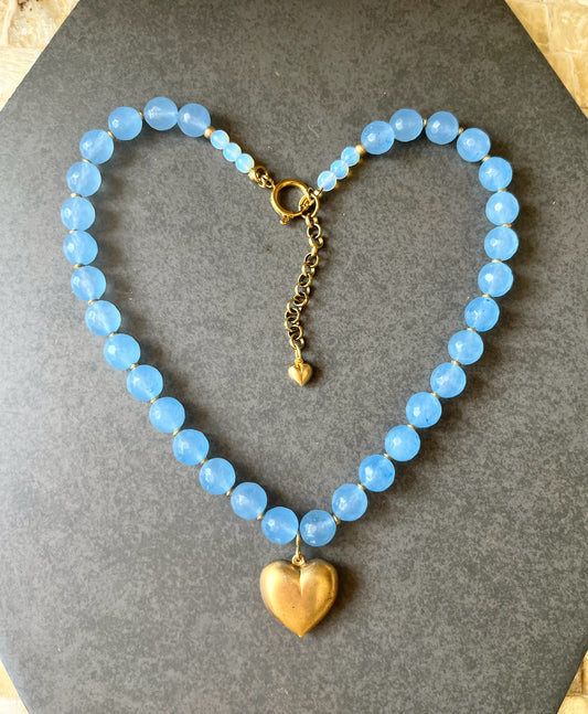 Gorgeous Ocean Blue Fire Agate Beaded Necklace + Vintage Brass Puffy Heart Pendant
